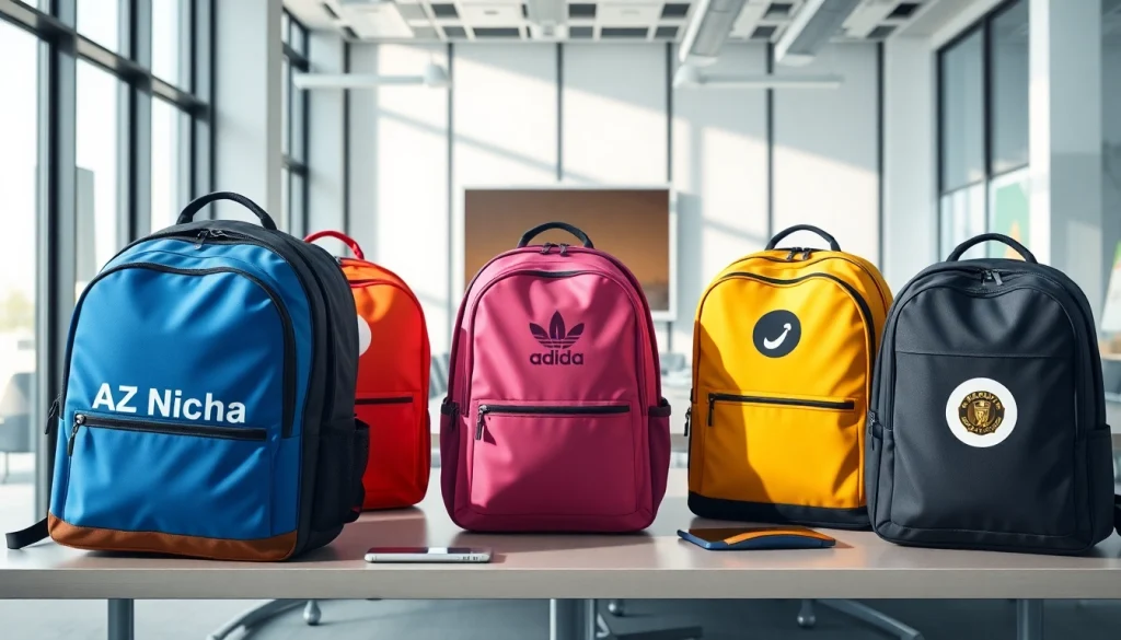 Kuprinės su logotipo spauda pavaizduotos šiuolaikinėje biuro aplinkoje, demonstruojančios stilingas reklaminės kuprines.