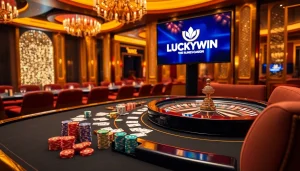 Engaging scene of a lively casino with "LUCKYWIN" displayed prominently on a modern digital screen.