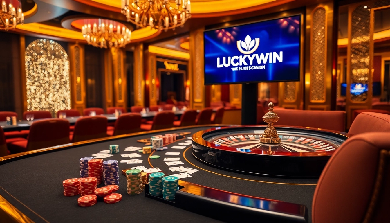 Engaging scene of a lively casino with "LUCKYWIN" displayed prominently on a modern digital screen.