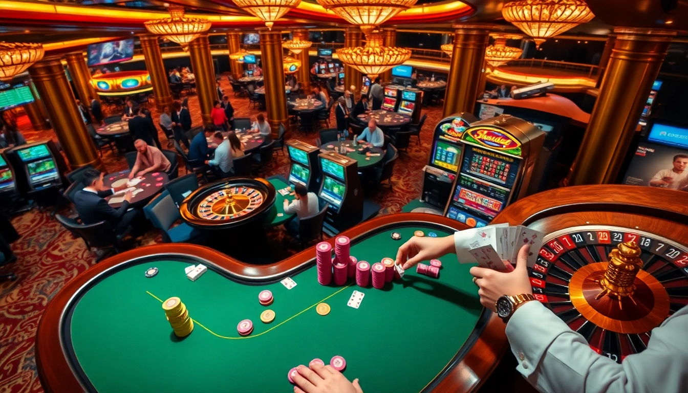 Sbobet betting action with lavish casino elements, poker table, roulette, and jackpot slot machine.