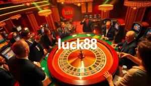 Players enjoying high-stakes gameplay at a luck8 casino table with vibrant colors.