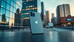 Visualiza el precio del iPhone 16e junto a un dispositivo en un entorno urbano moderno y vibrante.