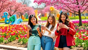 Dynamic social media girls sharing engaging moments in a colorful park, fostering connections.