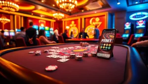 Experience excitement at https://febet8.com with a luxurious casino scene featuring blackjack and roulette.