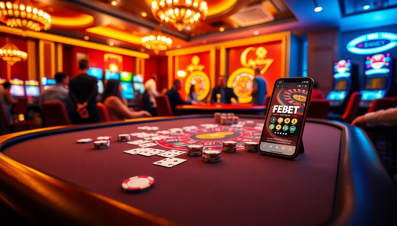 Experience excitement at https://febet8.com with a luxurious casino scene featuring blackjack and roulette.