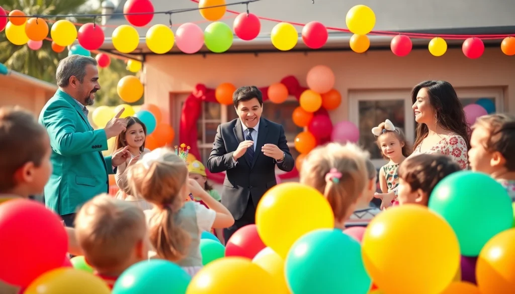 Engaging birthday party entertainers creating joy for children during a festive outdoor celebration.