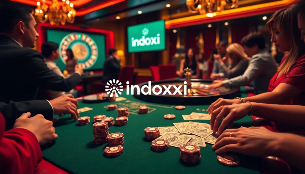 Experience the thrill of indoxxi as players strategize at a luxurious poker table under warm, opulent lighting.