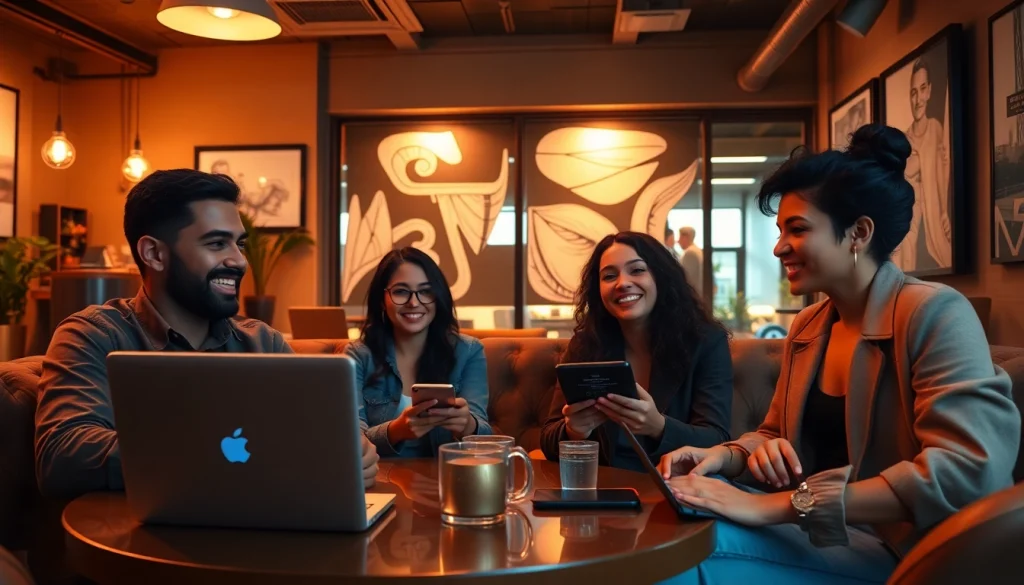 Engaging scene of users exploring nsfw ai platforms in a modern café, showcasing interaction and technology.
