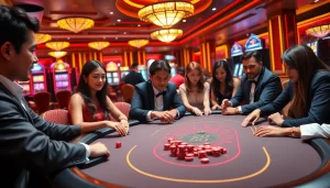 Players betting with excitement in a vibrant casino, highlighting the experience of Tài Xỉu MD5 at https://taixiumd5.fan/.