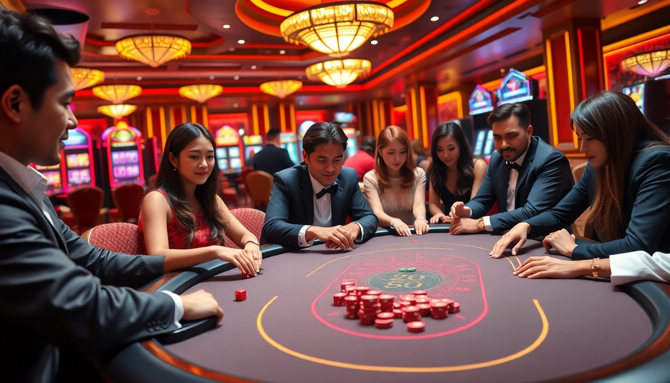 Players betting with excitement in a vibrant casino, highlighting the experience of Tài Xỉu MD5 at https://taixiumd5.fan/.