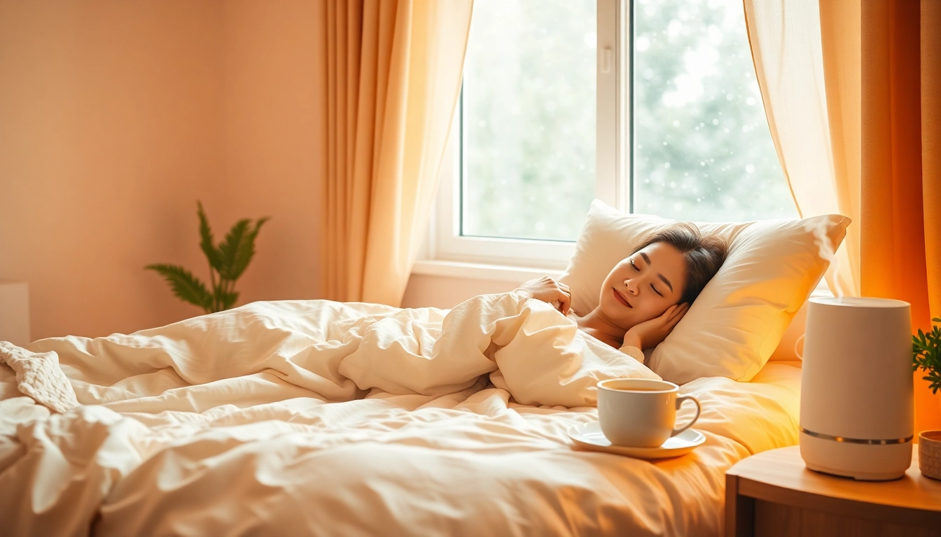 風邪を一晩で回復させる方法を描く安らぎの寝室の情景。心地よいベッドとハーブティーを特徴としています。