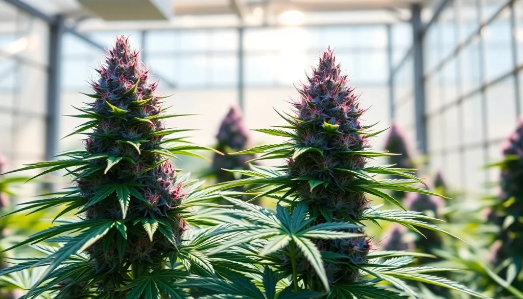 Admire the vibrant miami runtz strain buds displayed in a sunlit greenhouse.