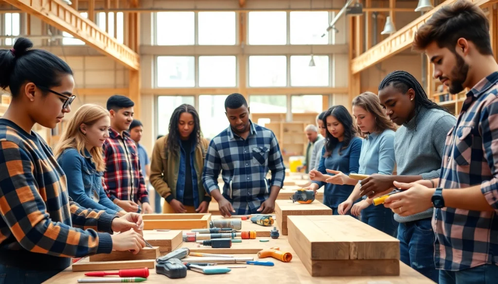 Students participating in construction classes, actively learning in a collaborative workshop setting.
