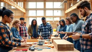 Students participating in construction classes, actively learning in a collaborative workshop setting.