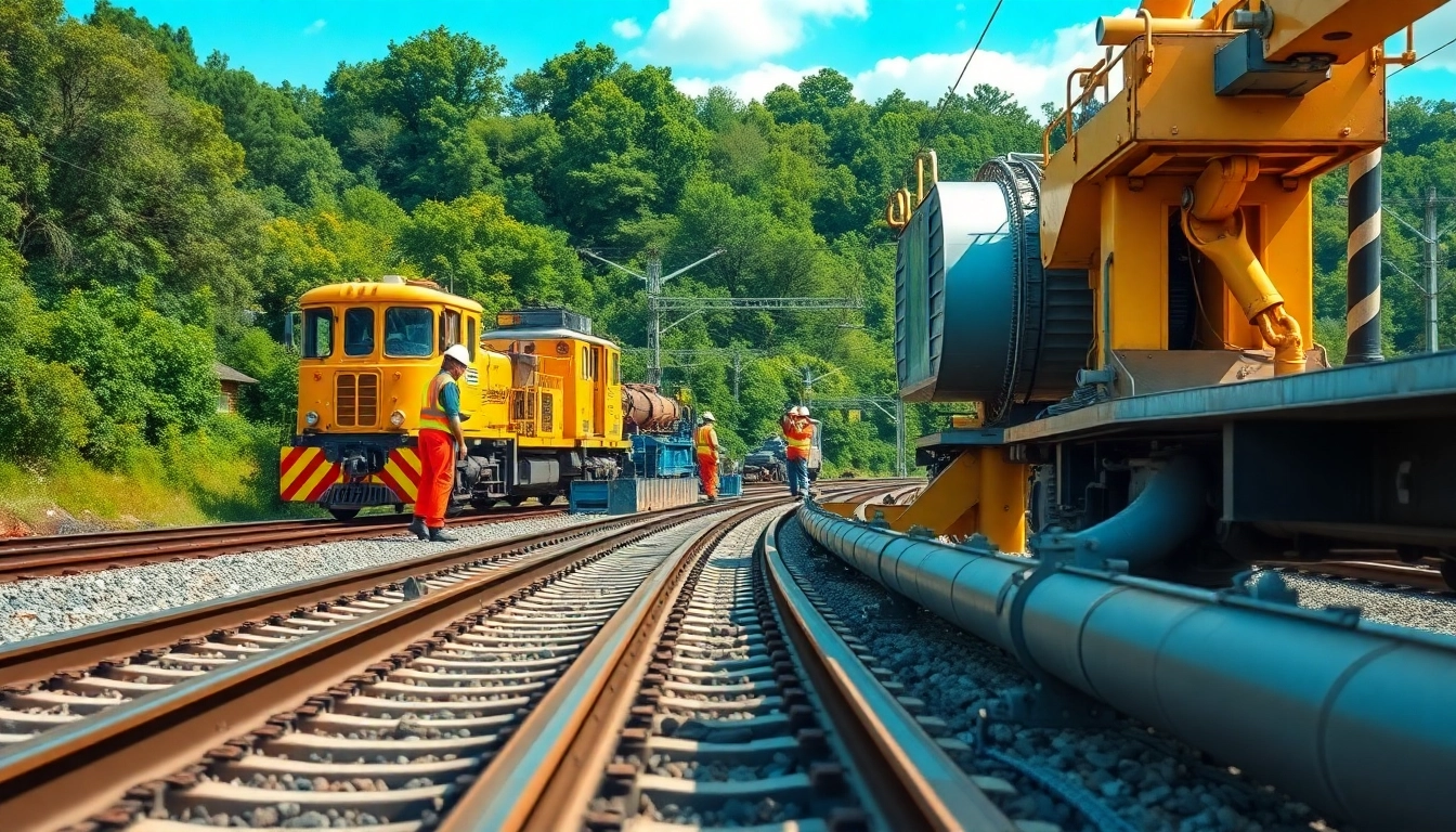 Workers efficiently providing Emergency Railroad Repair Services on train tracks with machinery in action.
