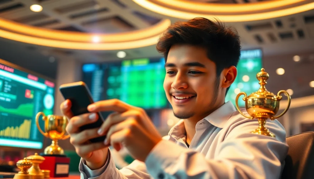 User engaging with 안전놀이터 슈어맨 on a smartphone in a vibrant betting environment.