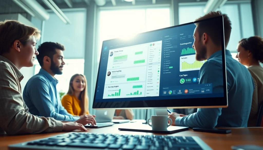 What is a CRM for WhatsApp showcasing a vibrant team collaborating on a modern CRM interface.