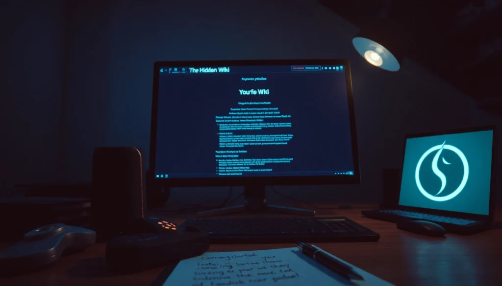 The hidden wiki 1 displayed on a computer screen in a dimly lit room, capturing the essence of dark web exploration.