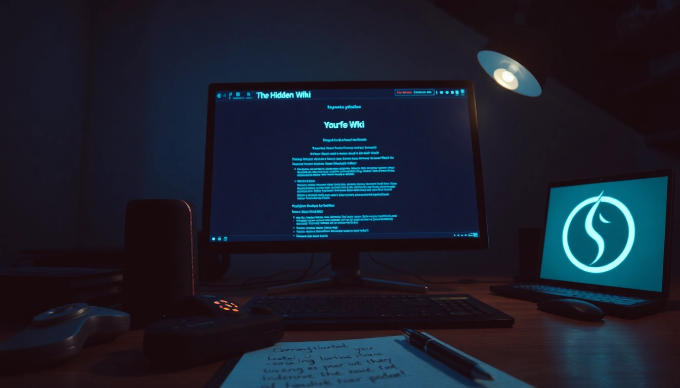 The hidden wiki 1 displayed on a computer screen in a dimly lit room, capturing the essence of dark web exploration.