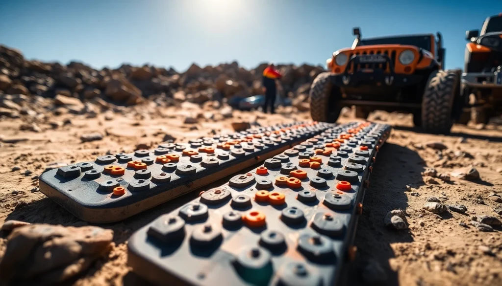 Traction Boards on rugged terrain highlighting their design and functionality in an outdoor setting.
