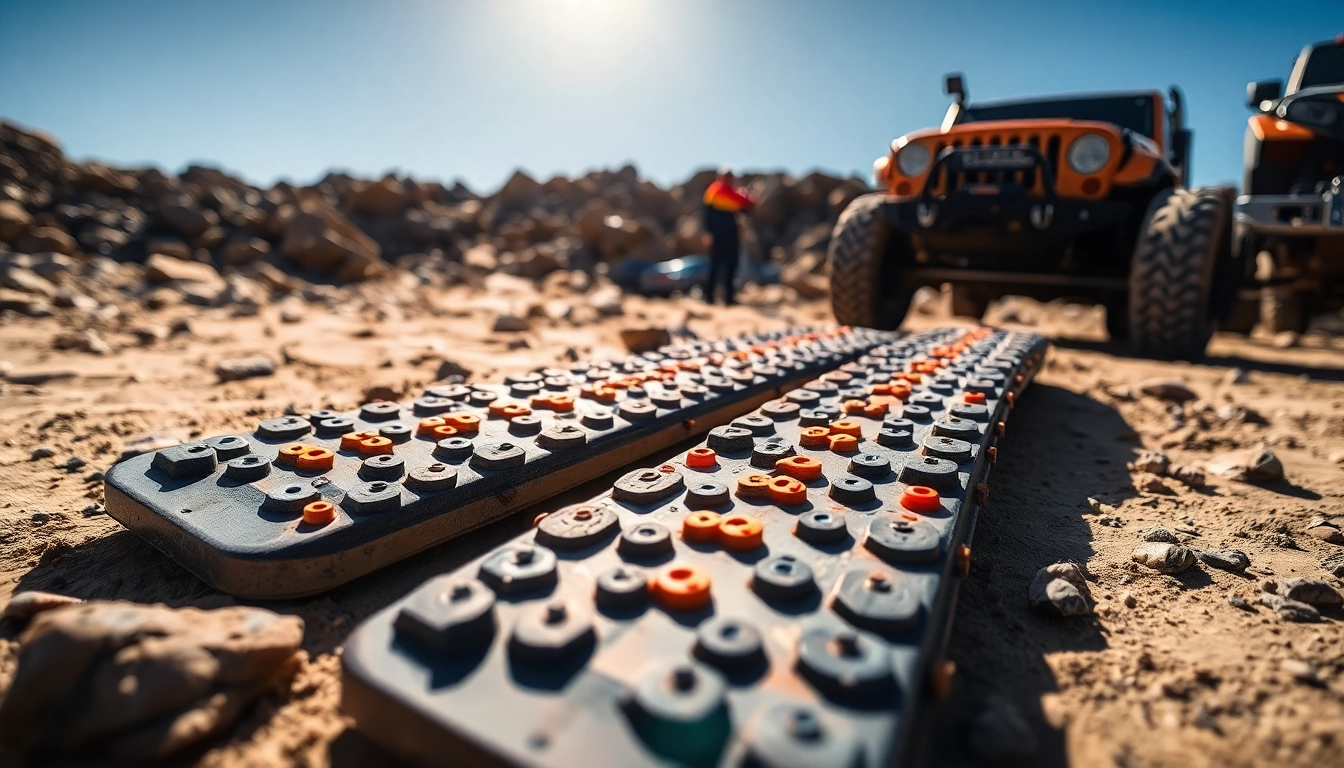 Traction Boards on rugged terrain highlighting their design and functionality in an outdoor setting.