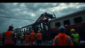 Emergency responders assess the scene of the spain train crash after a tragic accident.