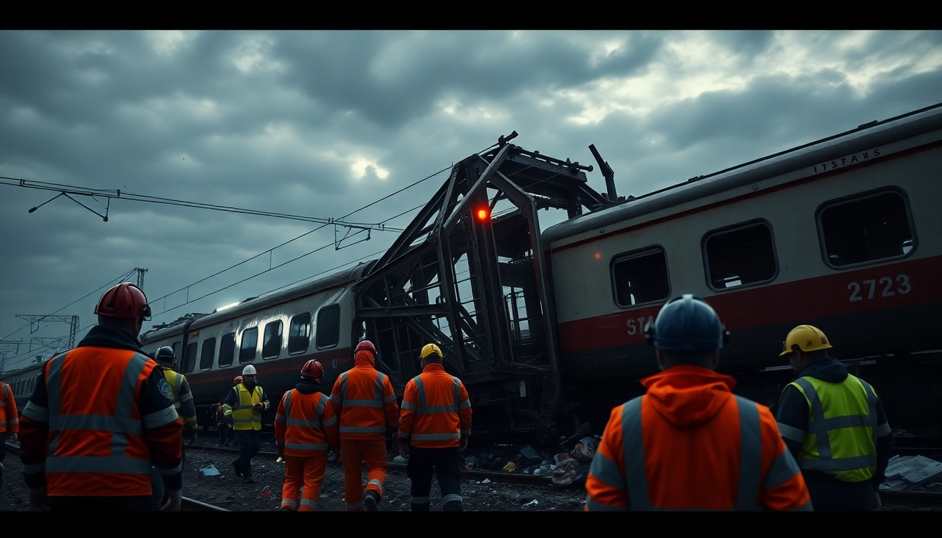 Emergency responders assess the scene of the spain train crash after a tragic accident.