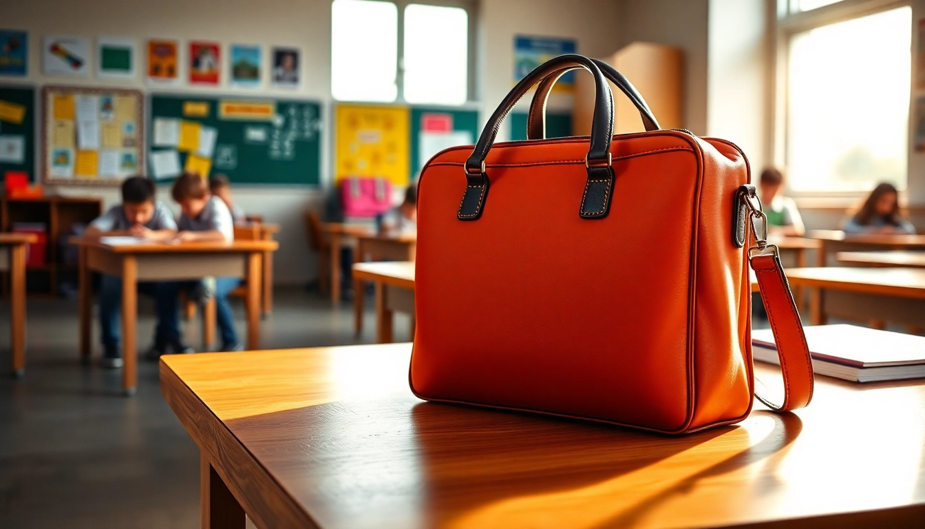 Funktionale Handytasche Klassenzimmer auf einem Schreibtisch im Unterrichtsraum