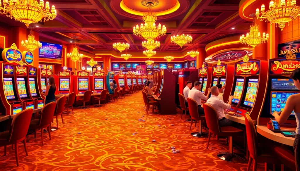 Experience thrilling wins at Jamuslot with vibrant slot machines and excited players.