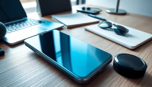 Xiaomi smartphone on a stylish desk with modern tech accessories and a laptop.