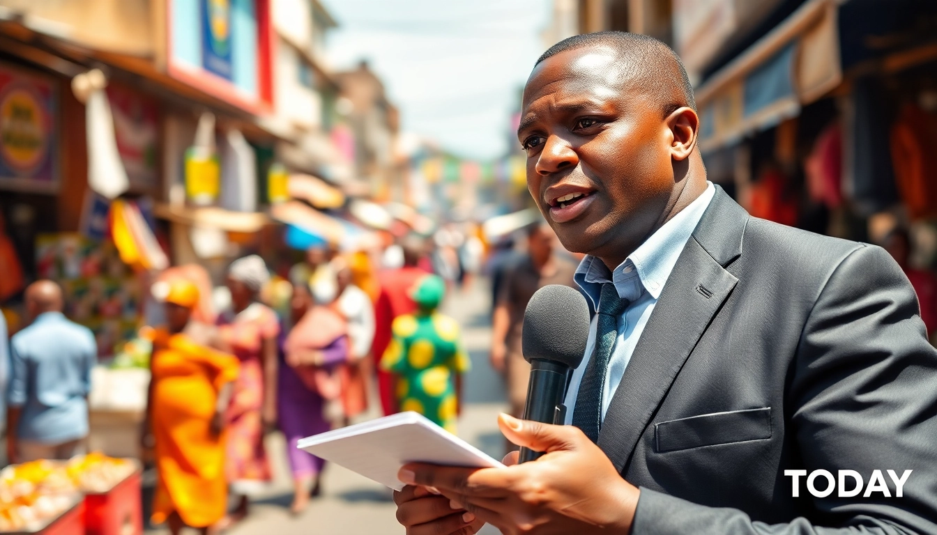 Covering the latest Kenya News Today in a bustling Nairobi street, with reporter engaging viewers.