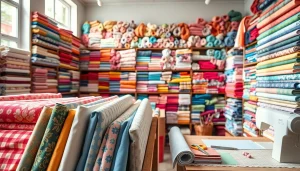 Katoen stof kopen: Kleurrijke katoenen stoffen in een gezellige stoffenwinkel.