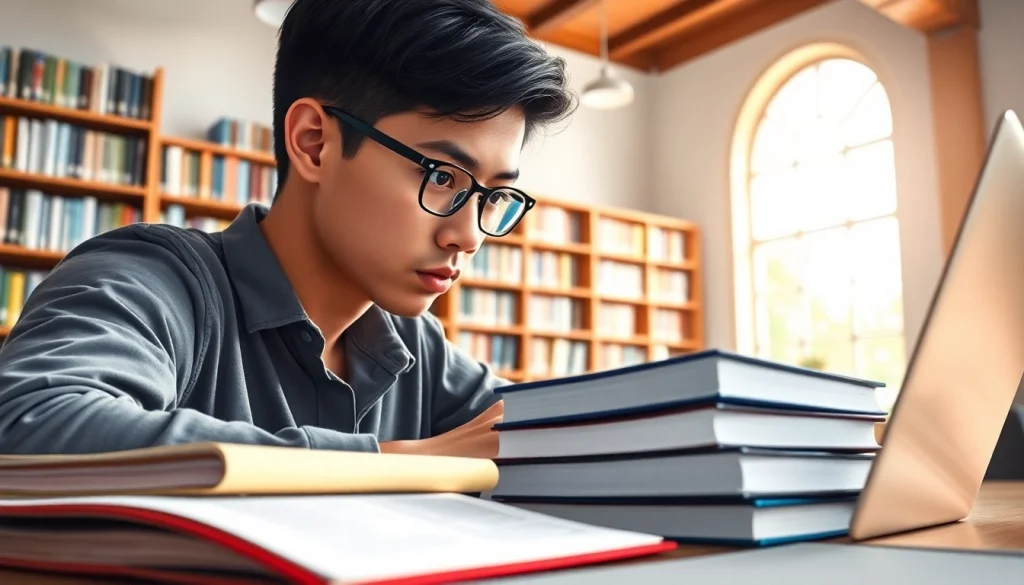 Engaged student utilizing exam support materials in a bright study environment.