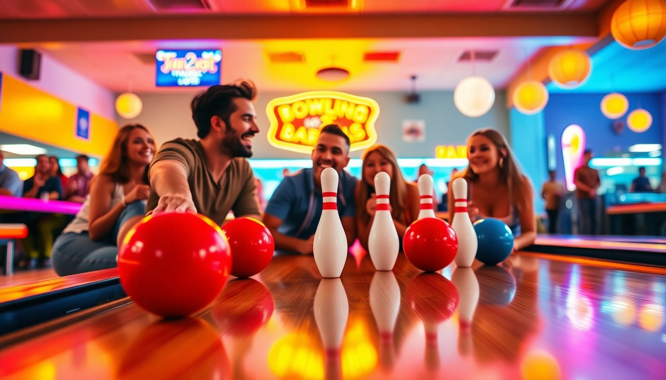 Friends sharing laughs at a bowling alley, surrounded by cheerful bowling puns.