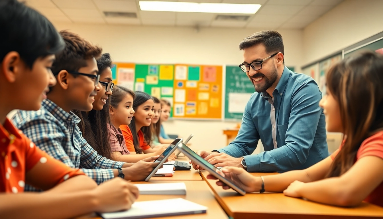 Students engaged in managing phon in school life lesson, with an enthusiastic teacher in a bright classroom.