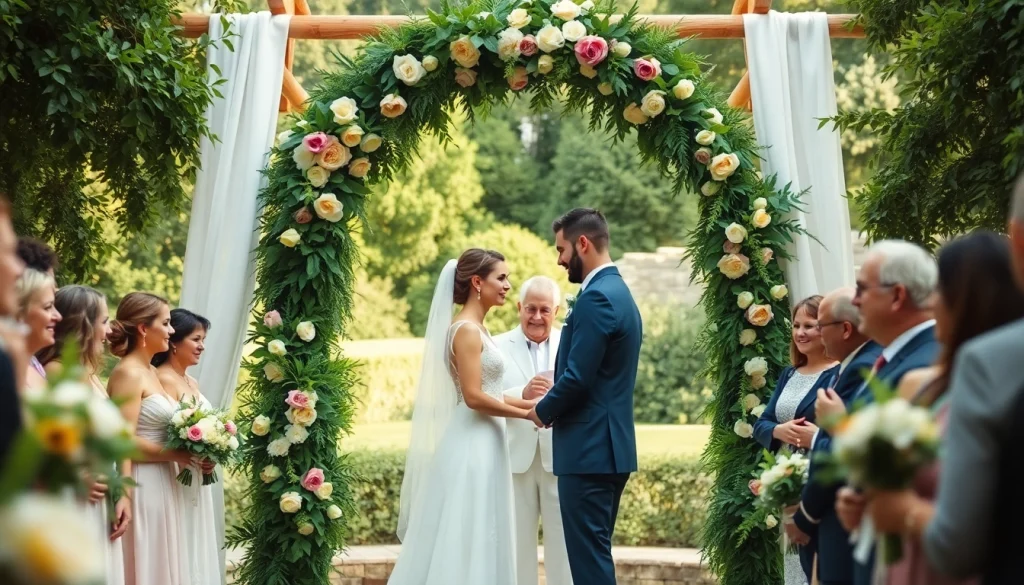 Wedding photographer captures a couple exchanging vows in a lush outdoor setting.