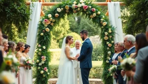 Wedding photographer captures a couple exchanging vows in a lush outdoor setting.