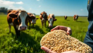 Feeding cattle with high-quality cattle feed in a vibrant green pasture.