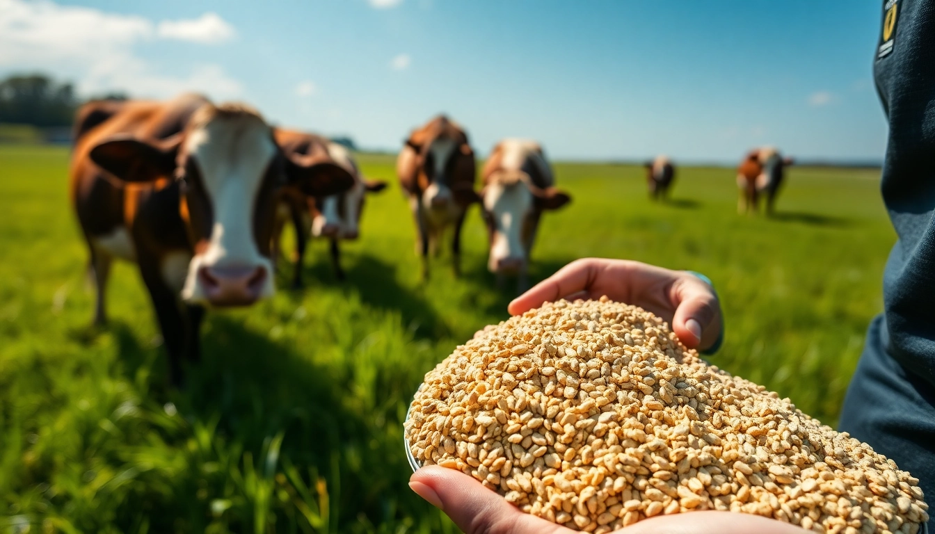 Feeding cattle with high-quality cattle feed in a vibrant green pasture.