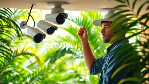 Instalación de cámaras de seguridad en Guanacaste, mostrando a un técnico instalando sistemas de vigilancia avanzados en un entorno tropical exuberante.