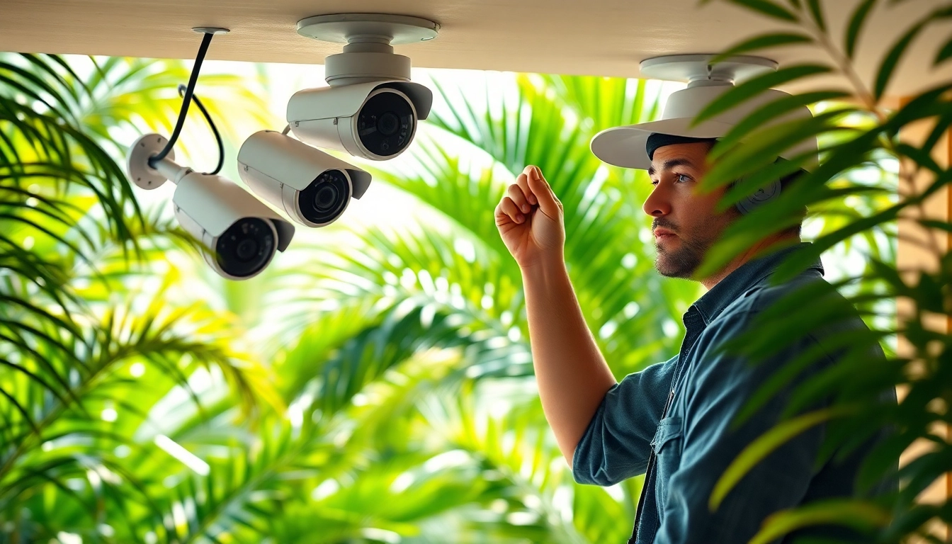 Instalación de cámaras de seguridad en Guanacaste, mostrando a un técnico instalando sistemas de vigilancia avanzados en un entorno tropical exuberante.