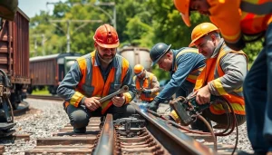 Emergency Railroad Repair Services with skilled crew working on tracks during daylight.