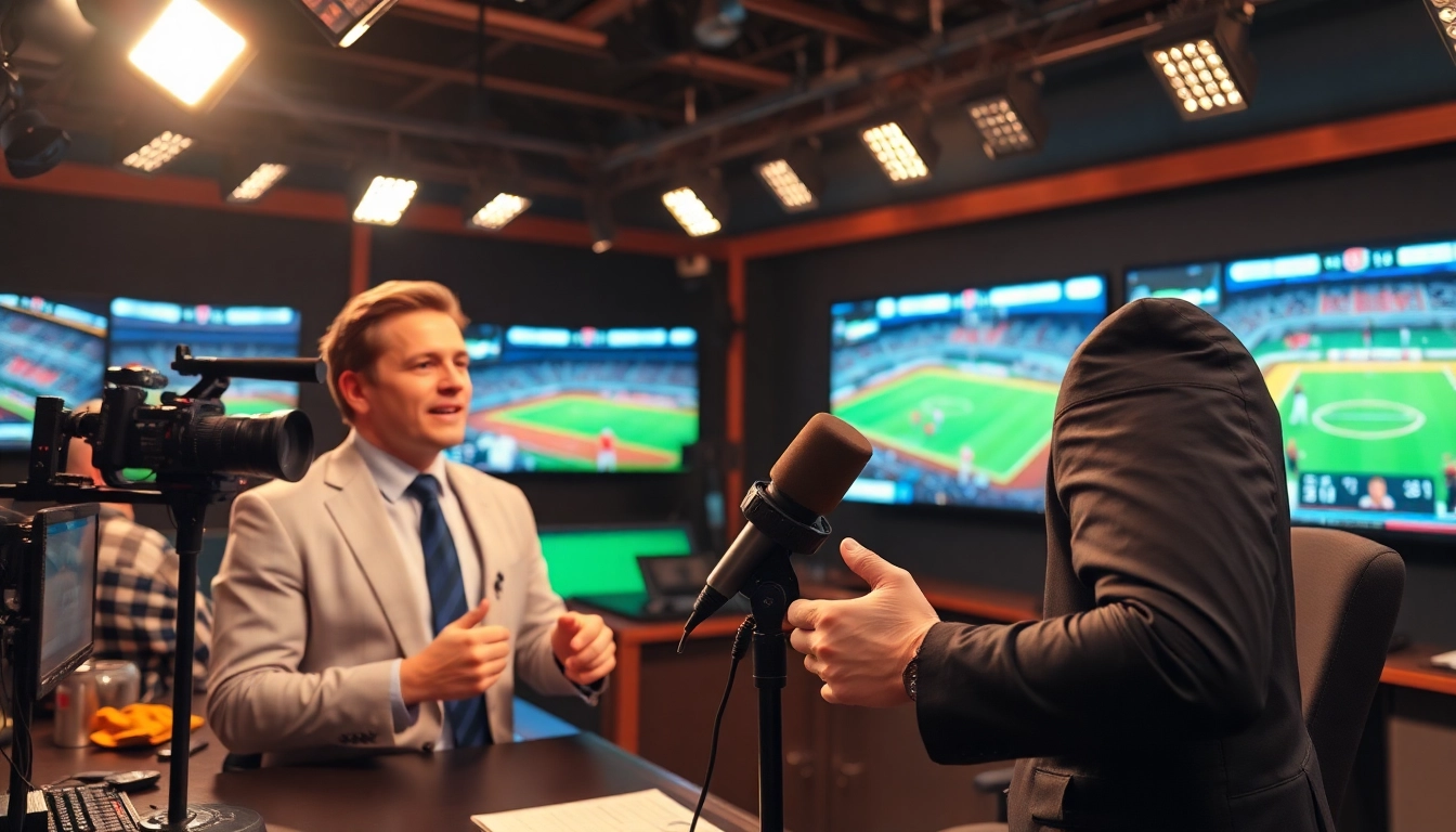 Host delivering live sports broadcasting in a vibrant studio setting with multiple screens.