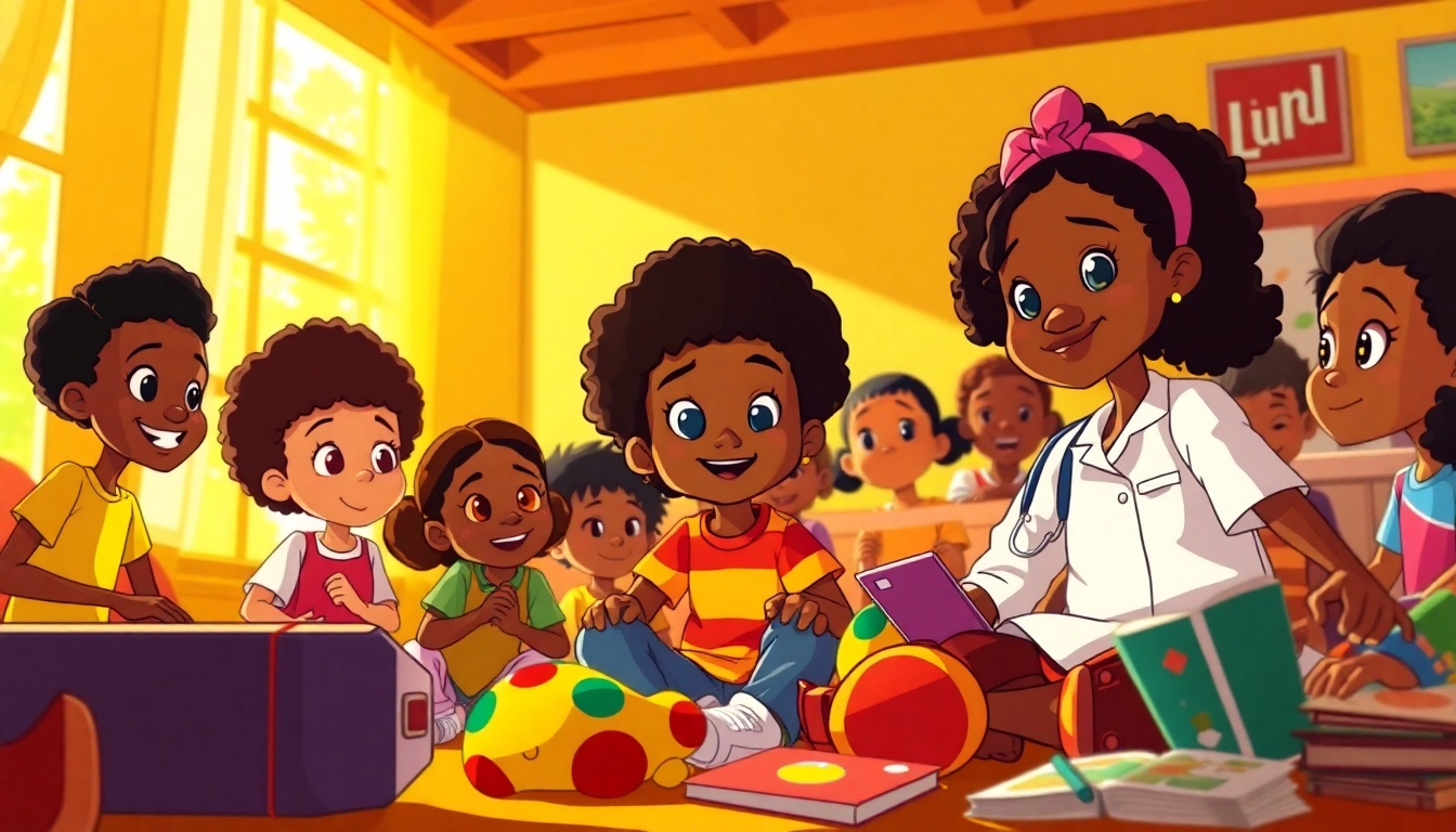 A celebration of African American Cartoons featuring iconic characters engaging with children in a colorful, animated scene.