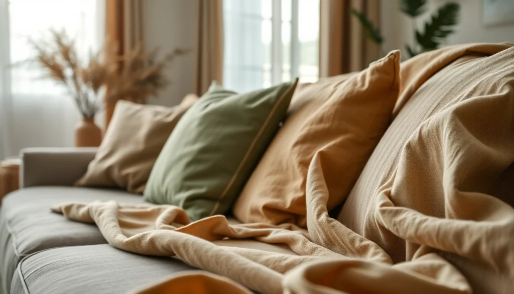 Verken linnen stoffen die elegant gebruikt worden in een sfeervolle woonkamer met warme tinten.