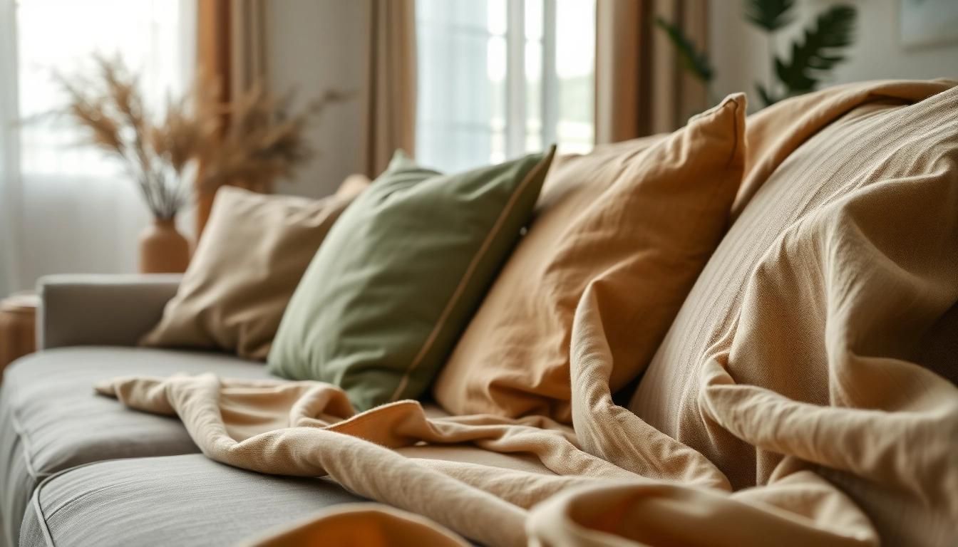 Verken linnen stoffen die elegant gebruikt worden in een sfeervolle woonkamer met warme tinten.