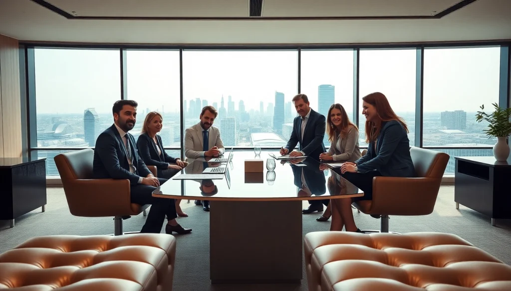 Investors discussing strategies for luxembourg holding at a modern conference table.