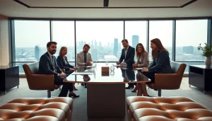 Investors discussing strategies for luxembourg holding at a modern conference table.