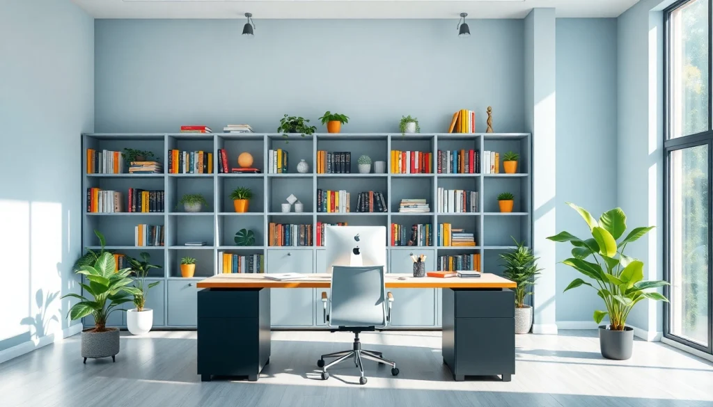 Визуализация на професионалното работно пространство на https://www.lunaro.bg с модерен офис и организирани книги.