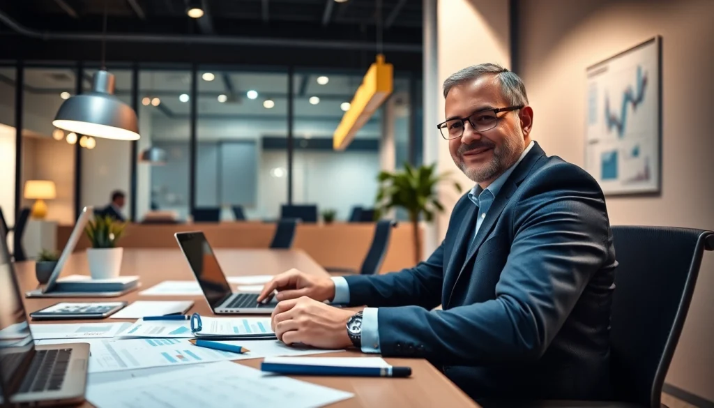 Usługi księgowości w profesjonalnym otoczeniu z przytulną atmosferą, przedstawiające księgowego w pracy.